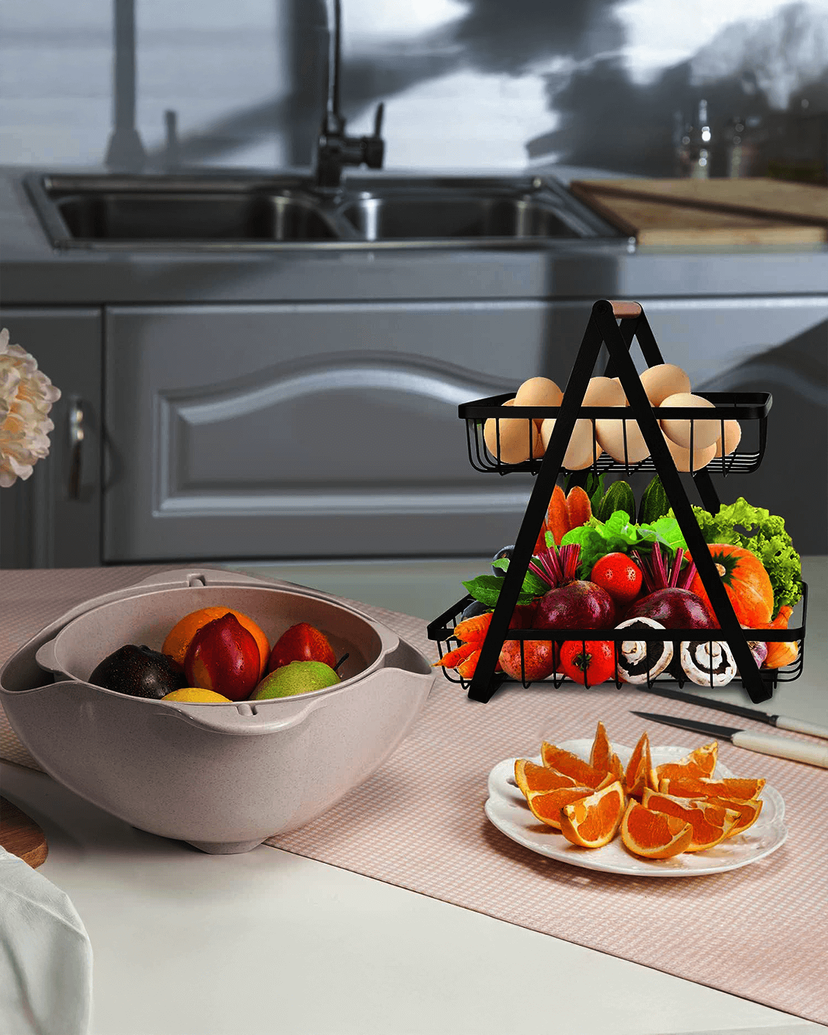 Elegant Dual-Tier Metal Fruit and Snack Basket